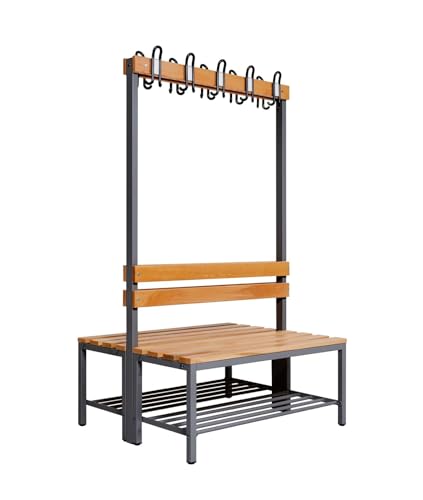 furni24 Umkleidebank Sitzbank Garderobenbank Sportraum Bank für Fitnessstudio Buche Echtholz (2-seitig) doppelseitig mit Garderobenhaken und Schuhrost/Schuhablage 100 cm x 170 cm x 85 cm von furni24