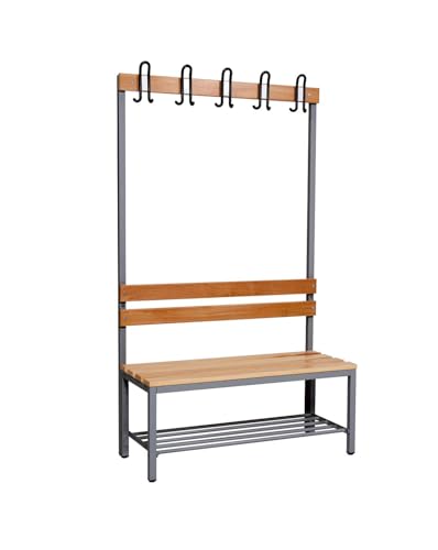 furni24 Umkleidebank Sitzbank Garderobensitzbank Sportraum Bank Buche Holz einseitig mit Garderobenhaken und Schuhrost/Schuhablage, Anthrazit, 100 cm x 170 cm x 43 cm von furni24