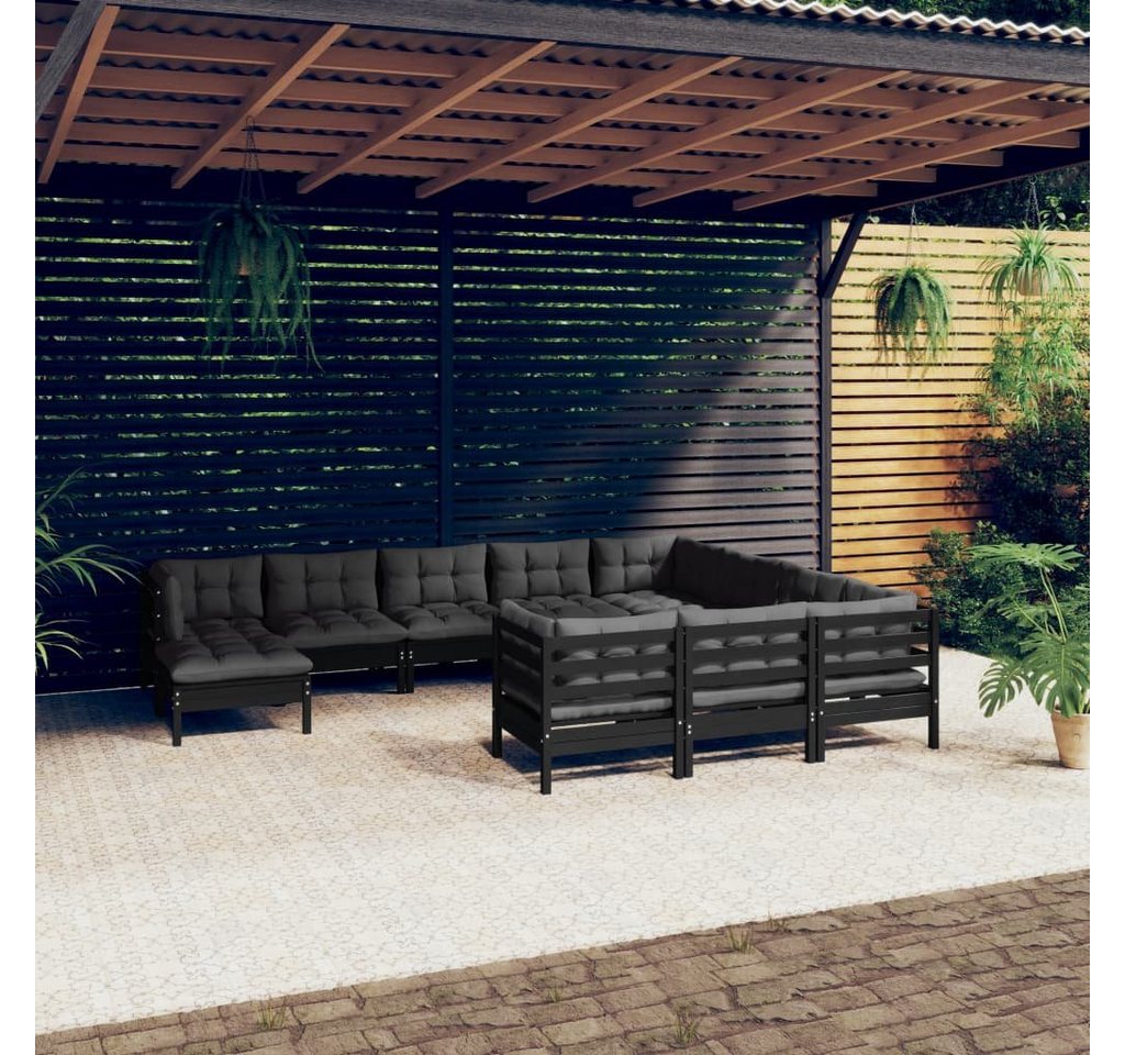 furnicato Garten-Essgruppe 11-tlg. Garten-Lounge-Set mit Kissen Schwarz Kiefernholz von furnicato