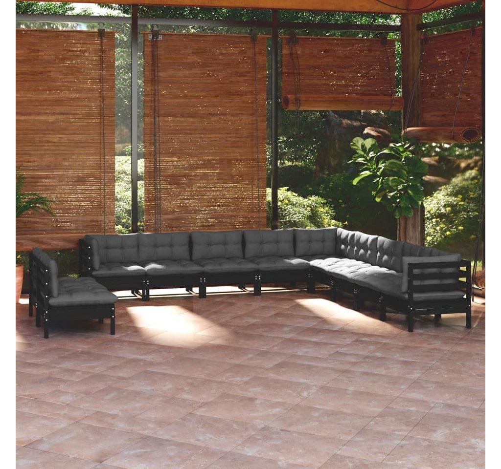 furnicato Garten-Essgruppe 11-tlg. Garten-Lounge-Set mit Kissen Schwarz Massivholz Kiefer von furnicato