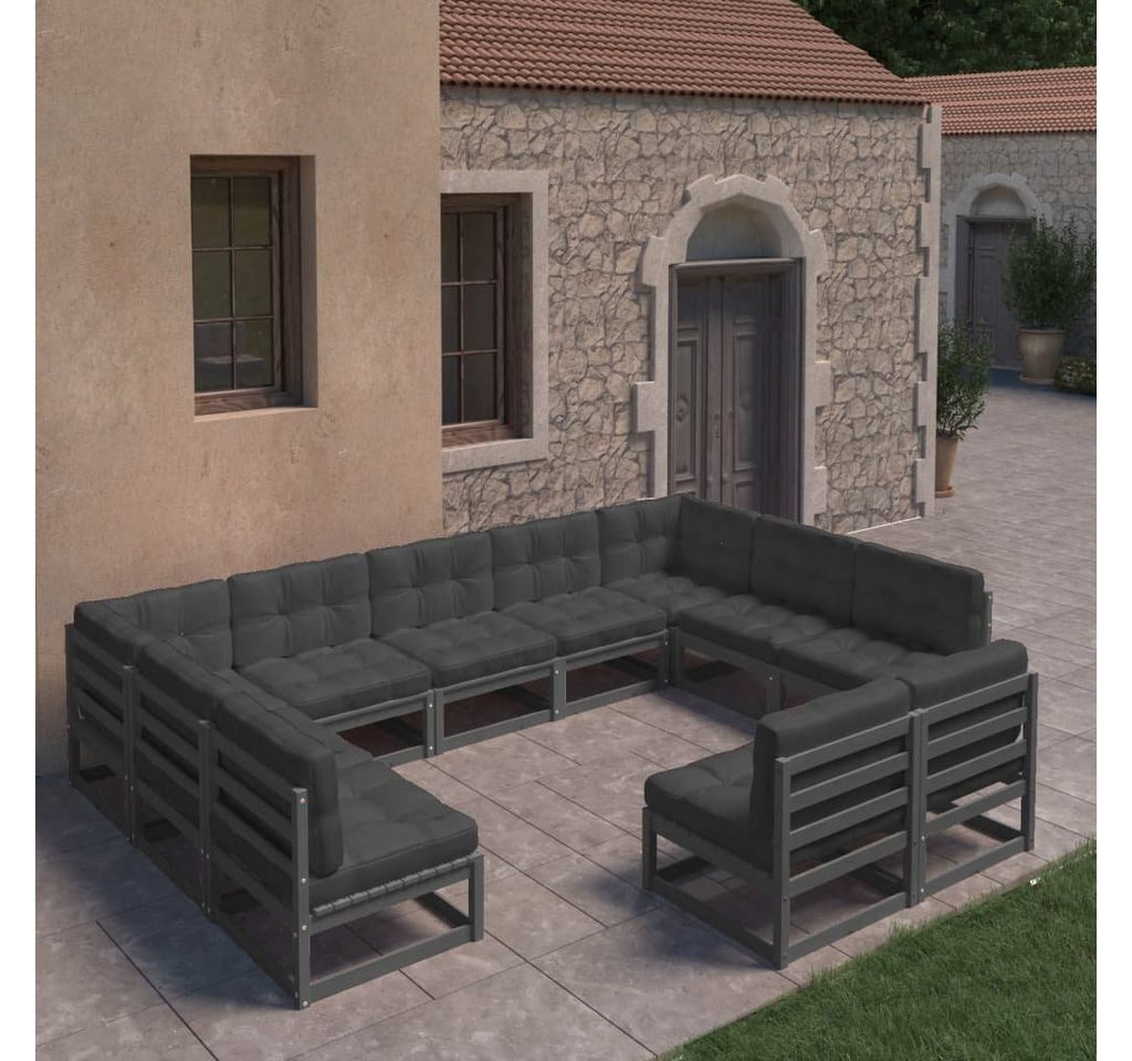 furnicato Garten-Essgruppe 11-tlg. Garten-Lounge-Set mit Kissen Schwarz Kiefer Massivholz von furnicato