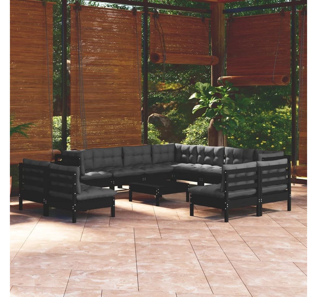 furnicato Garten-Essgruppe 12-tlg. Garten-Lounge-Set mit Kissen Schwarz Massivholz Kiefer von furnicato