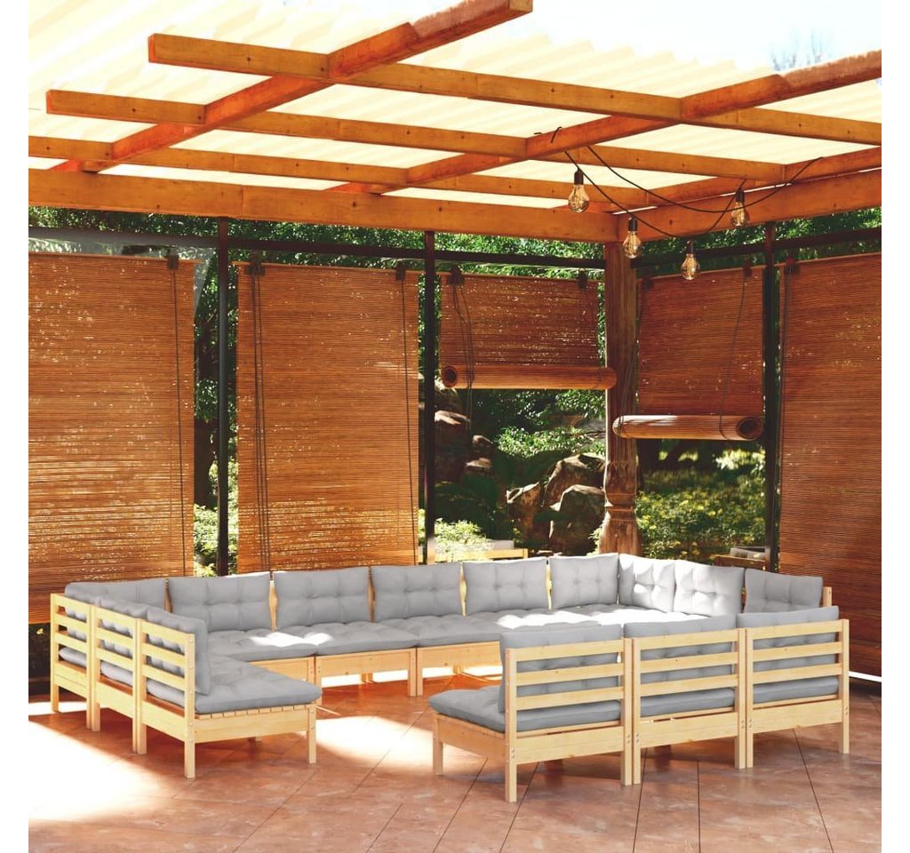 furnicato Garten-Essgruppe 13-tlg. Garten-Lounge-Set mit Grauen Kissen Kiefer Massivholz von furnicato