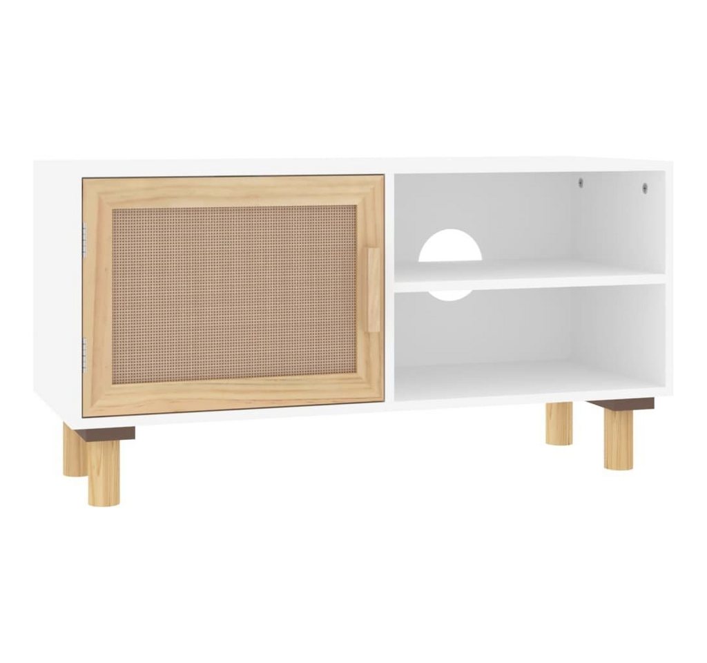 furnicato TV-Schrank Weiß 80x30x40 cm Massivholz Kiefer und Natur-Rattan von furnicato