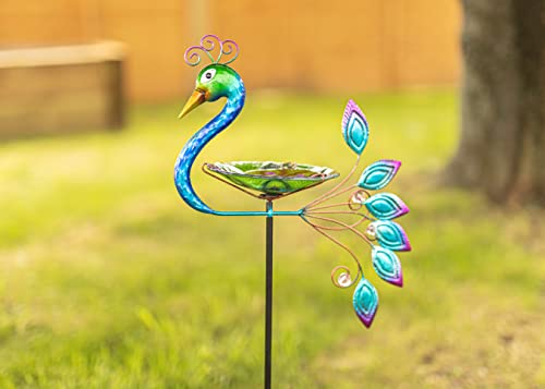 Garden Mile Vogeltränke aus Glas mit Pfau | Bunte handbemalte exotische bunte Pfau Vogel Glasschale einfach zu montieren Garten Tafelaufsatz Dekoration von garden mile