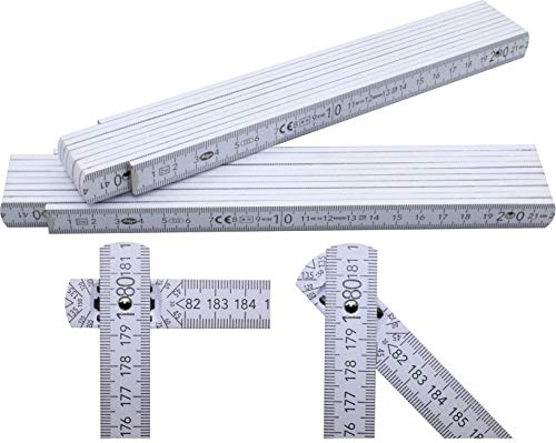 1 Stück Zollstock 2 Meter mit 90°/180° Winkeleinrastung und Winkelskala (30°/45°/60°/75°/90°) - Adga 250 plus Markenzollstock 2m aus Buchenholz - weiß ohne Werbeaufdruck von geddid