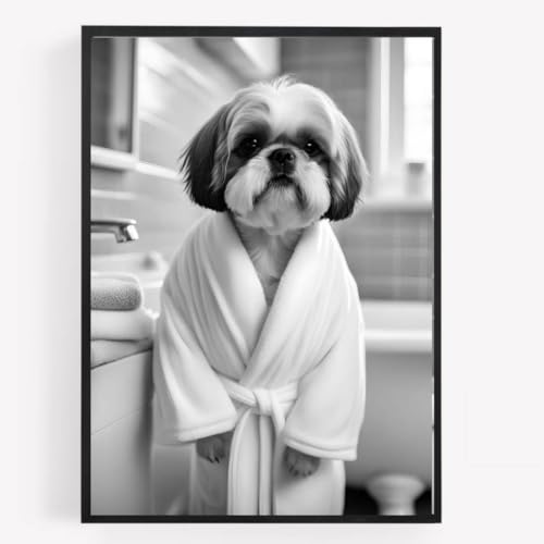 Lustiges Badezimmer-Poster mit Tiermotiv, Shih Tzu Hunde-Bademantel, A4, ungerahmt, Wandkunst, Heimdekoration, Dekoration von gfc