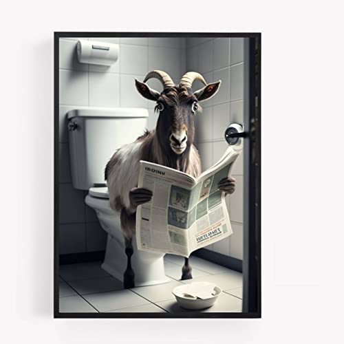 Lustiges Badezimmer-Toiletten-Tierdruck-Bild, Poster Ziege auf einer Toilette, Lesenzeitung, A4, ungerahmt, Wandkunst, Heimdekoration, Dekoration von gfc