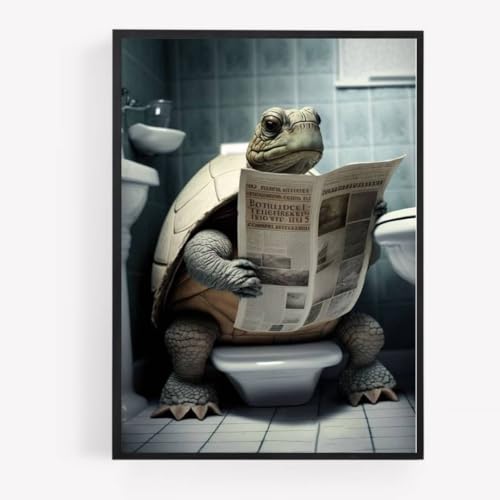 gfc Lustiges Badezimmer-Poster, Motiv: Schildkröte auf einer Toilette, Zeitung, A4, ungerahmt, Wandkunst, Heimdekoration, Dekoration von gfc