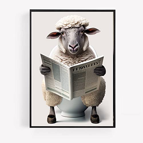 gfc Lustiges Badezimmer-Toiletten-Druck, Poster, Schaf auf einer Toilette, Lesen, Zeitung, A4, ungerahmt, Wandkunst, Heimdekoration, Dekoration von gfc