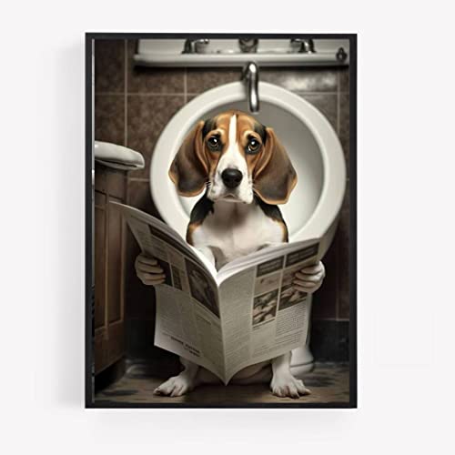 gfc Lustiges Badezimmer-Toiletten-Poster, Tierdruck, Beagle-Hund auf einer Toilette, Lesen, Zeitung, A4, ungerahmt, Wandkunst, Heimdekoration, Dekoration von gfc
