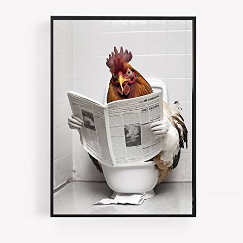 gfc Lustiges Badezimmer-Toiletten-Tier-Druck, Poster Huhn auf einer Toilette, Lesenzeitung, A4, ungerahmt, Wandkunst, Heimdekoration, Dekoration von gfc
