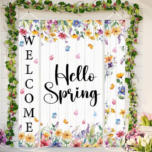 gisgfim Hello Spring Willkommensbanner Frühling Floral Veranda Schild Banner Türabdeckung Vintage Aquarell Blume Schmetterling Hängende Tür Banner für Frühling Ostern Party Indoor Outdoor Dekoration von gisgfim