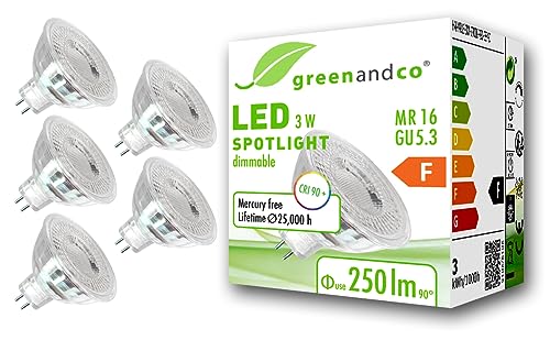 greenandco 5x CRI 90+ MR16 GU5.3 dimmbarer LED Spot, 3W 250 lm 38° 2700K warmweiß 12V AC/DC, 2 Jahre Garantie von greenandco