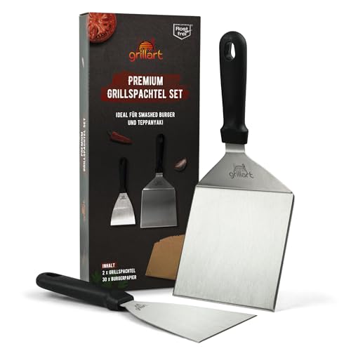 grillart® Premium Grillspachtel Set aus hochwertigem Edelstahl für Smashed Burger inkl. 30 Stk Burgerpapier – Grillspachtel für Plancha & Teppanyaki – Grillwender aus Edelstahl – ideale Grillzubehör von grillart