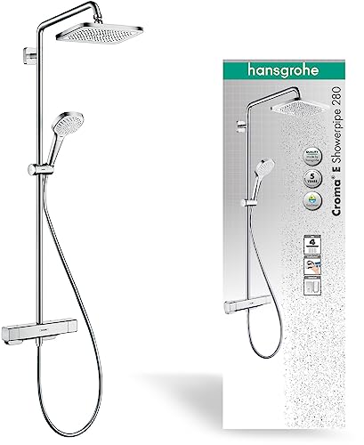 hansgrohe Croma E - wassersparendes Duschsystem (EcoSmart) mit Thermostat, Regendusche (280 x 170 mm) mit Armatur, Handbrause (3 Strahlarten), Schlauch, Brausestange und eckiger Kopfbrause, Chrom von hansgrohe