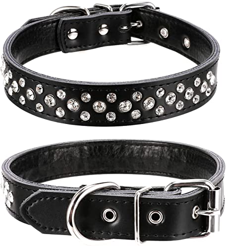 Haoyueer Hundehalsband mit Strasssteinen, verstellbar, glitzernd, mit Nieten aus echtem Leder, für kleine und mittelgroße Hunde (M, Schwarz) von haoyueer