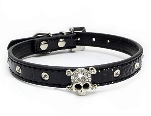 haoyueer Halsband für Hunde und Katzen, Leder, mit Totenkopf-Motiv, Strasssteinen, Größe S, Schwarz von haoyueer