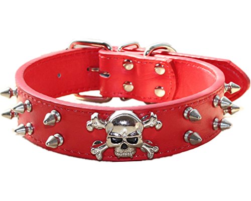 haoyueer Hundehalsband aus Leder, 2 Reihen, Kugelnieten, PU-Leder, cooles Totenkopf-Zubehör für mittelgroße und große Hunde (M, Rot) von haoyueer