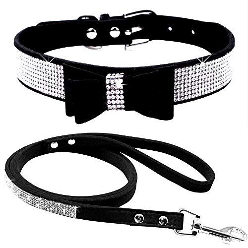 haoyueer Hundehalsband aus weichem Wildleder, schillernd, funkelnd, elegant, ausgefallen, mit Strasssteinen besetzt, für Haustiere, Welpen, Katzen, Hunde, Kombi-Set mit Leine (XS, Schwarz 1) von haoyueer