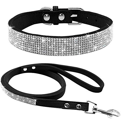 haoyueer Hundehalsband aus weichem Wildleder, schillernd, funkelnd, elegant, ausgefallen, mit Strasssteinen besetzt, für Haustiere, Welpen, Katzen, Hunde, Kombi-Set mit Leine (XS, Schwarz) von haoyueer