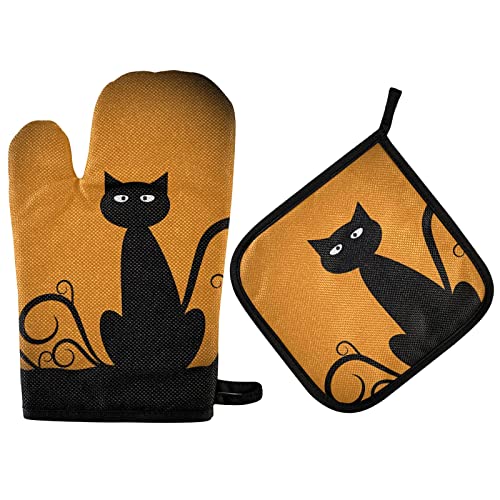 Topfhandschuhe Schwarze Katze Orange Mond Küche Ofenhandschuh Anti-Rutsch Küche Topfhandschuhe Thermoisolierung Oven Gloves Für Backen, BBQ, Zum Grillen von hefeishinaiwaishangmaoyouxiangongsi.