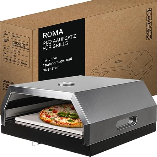 Heidenfeld Pizzaaufsatz Roma | Grillaufsatz - Pizzamaker - Edelstahl - 315°C - Thermometer inklusive - Pizzabox - integrierter Pizzastein - für Holzkohlegrill und Gasgrill - Pizza Maker von heidenfeld