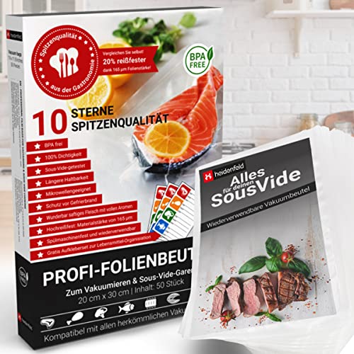 Heidenfeld 𝐏𝐫𝐨𝐟𝐢 Vakuumierbeutel - 50 Stück - 20x30cm - Vakuumbeutel für Lebensmittel - Folienbeutel - Folie BPA frei - Folienschweißgerät - Vakuumierer - Sous Vide (50x 20 x 30 cm) von heidenfeld