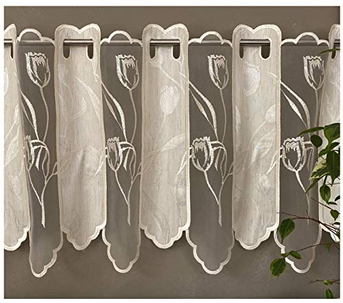 Scheibengardine Panneaux aus Natur Batist und Organza edel Bestickt Blumen in Ecru mit schön gebogter Kante HxB 45x158 cm - Bistro Gardine Typ134 von heimtexland