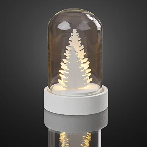 Hellum LED Glasglocke Deko, Weihnachtsdeko mit Tannenbaum, Weihnachtsbeleuchtung innen mit Batterie (1xCR2032), warmweiß Licht, weiß, ø5.5 x H 8,5cm 520880 von hellum