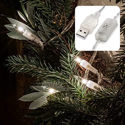 hellum LED Lichterkette 10er, Lichterkette mit Schalter, warmweiß LED, mit USB-Anschluss, Kabel transparent, beleuchtet 108cm, 59 lm, Mini Lichterkette 523119 von hellum