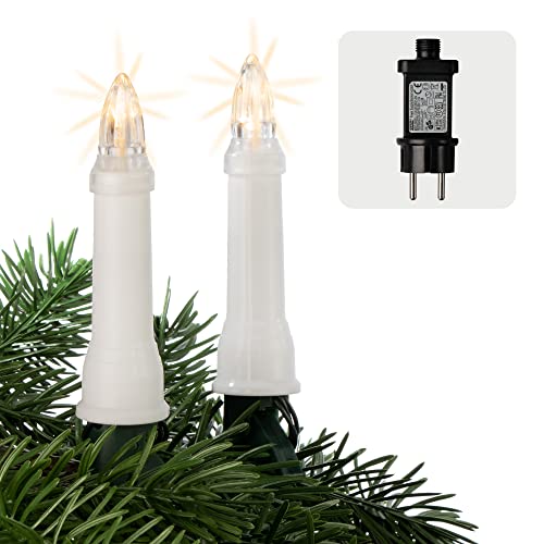 hellum Lichterkette Kerzen Weihnachtsbaum, Kerzen Lichterkette außen mit Clip, 24 warm-weiße LED, beleuchtet 1035cm, 59 lm, Abstand 45cm Kabel grün Schaft weiß, Zuleitung 5m, für Außen Trafo 640403 von hellum