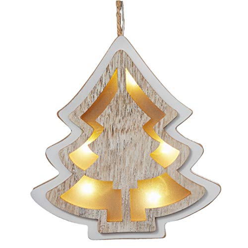 Hellum LED Tannenbaum zum Aufhängen, Holztannenbaum weiß gebeizt, 5 warm-weiße LED, 19x17,5cm, batteriebetrieben (2xAA, nicht inkl.) Fensterdeko Wohnzimmer Schlafzimmer Weihnachtsdeko 521054 von hellum