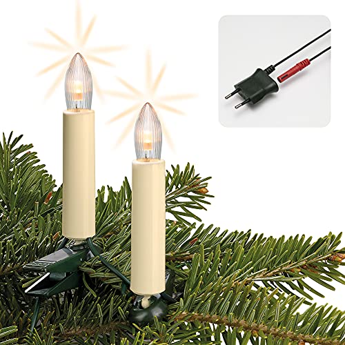 hellum Lichterkette Made-in-Germany Weihnachtsbaum, Kerzen Lichterkette innen mit Clip, 20 warm-weiße LED, beleuchtete Länge 1330cm, Kabel grün Schaft elfenbeinfarben, für Innen mit Stecker 812046 von hellum