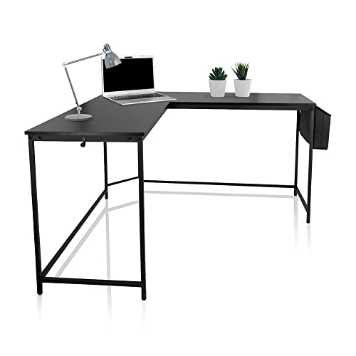 hjh OFFICE 830060 Schreibtisch mit Stauraum WORKSPACE L 135x135 Schwarz Eckschreibtisch mit Tasche & Haken von hjh OFFICE