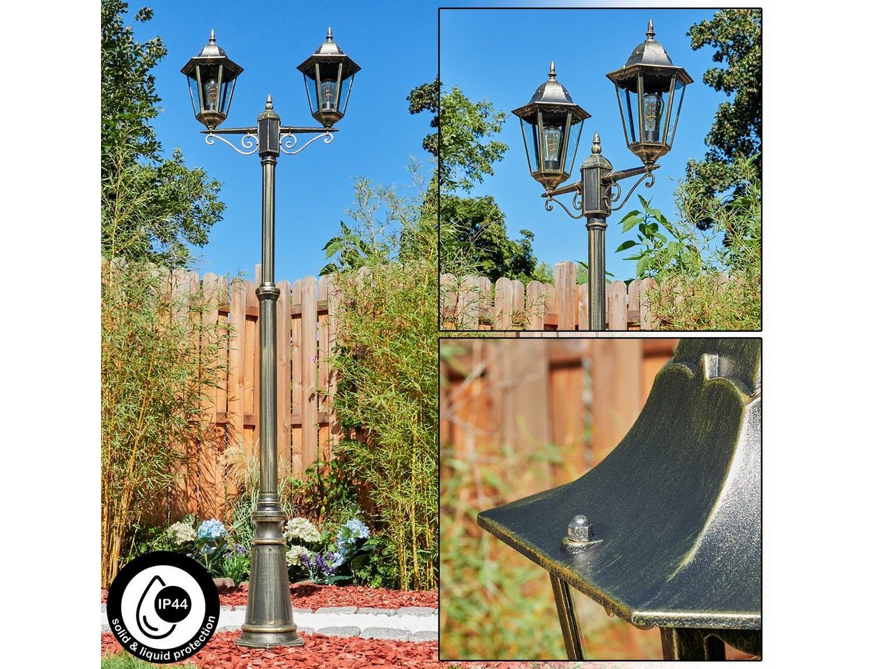 hofstein Außen-Stehlampe Wegeleuchte aus Metall/Glas in Schwarz-Goldfarben/Klar, ohne Leuchtmittel, Kandelaber, Gartenbeleuchtung IP44, 2x E27, ohne Leuchtmittel von hofstein