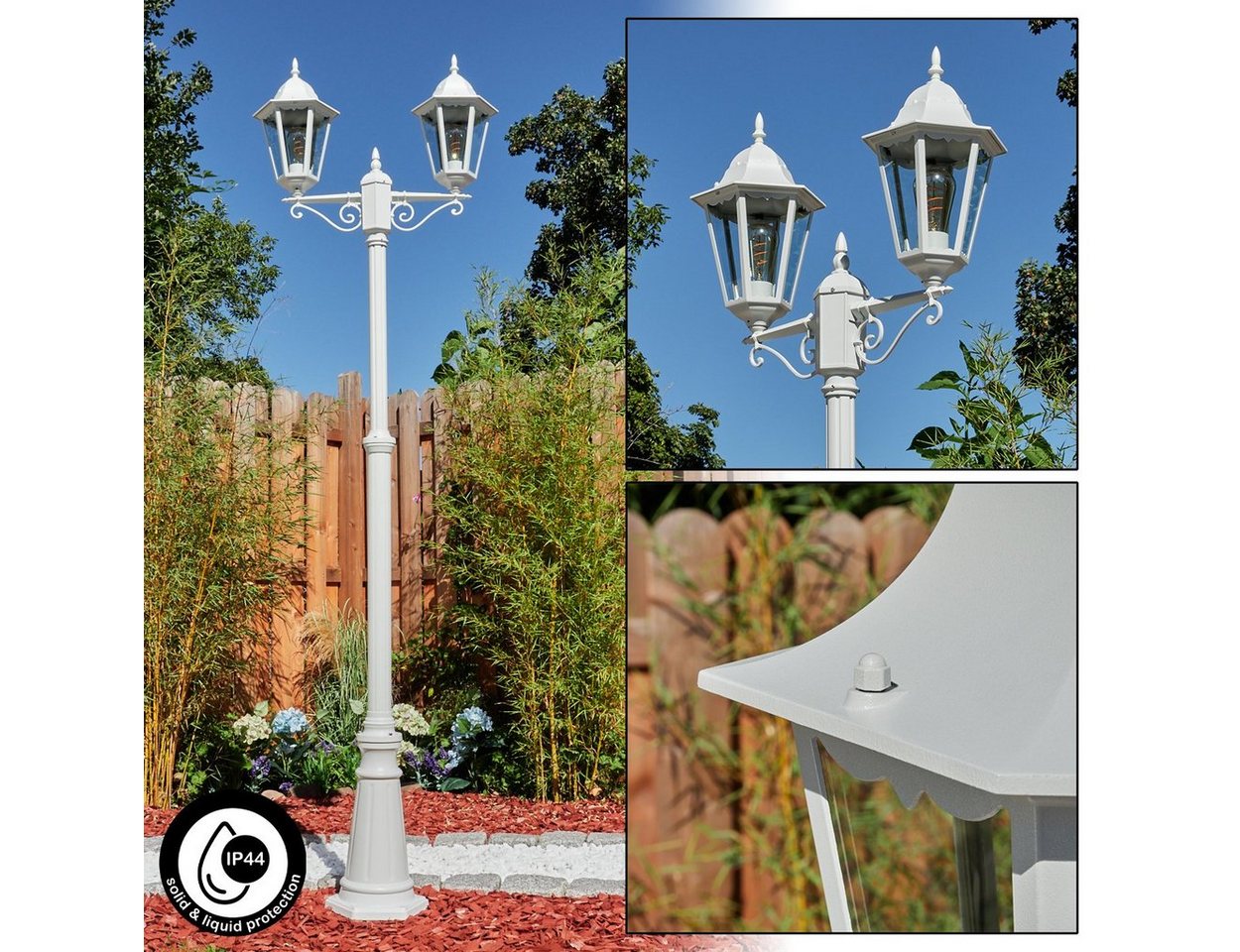 hofstein Außen-Stehlampe Wegeleuchte aus Metall/Glas in Weiß/Klar, ohne Leuchtmittel, Kandelaber, Gartenbeleuchtung IP44, 2x E27, ohne Leuchtmittel von hofstein