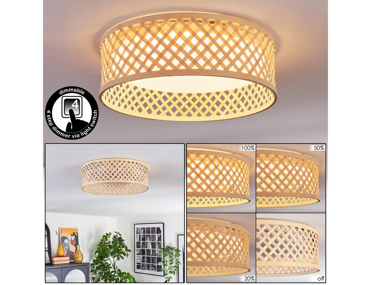 hofstein Deckenleuchte Deckenlampe aus Metall/Bambus/Kunststoff in Weiß/Natur im Boho-Design, ohne Leuchtmittel, moderne Deckenleuchte, dimmbar über Wandschalter, 16 Watt, 2000 Lumen hofstein Deckenleuchte Deckenlampe aus Metall/Bambus/Kunststoff in Weiß/Natur im Boho-Design, ohne Leuchtmittel, moderne Deckenleuchte, dimmbar über Wandschalter, 16 Watt, 2000 Lumen von hofstein