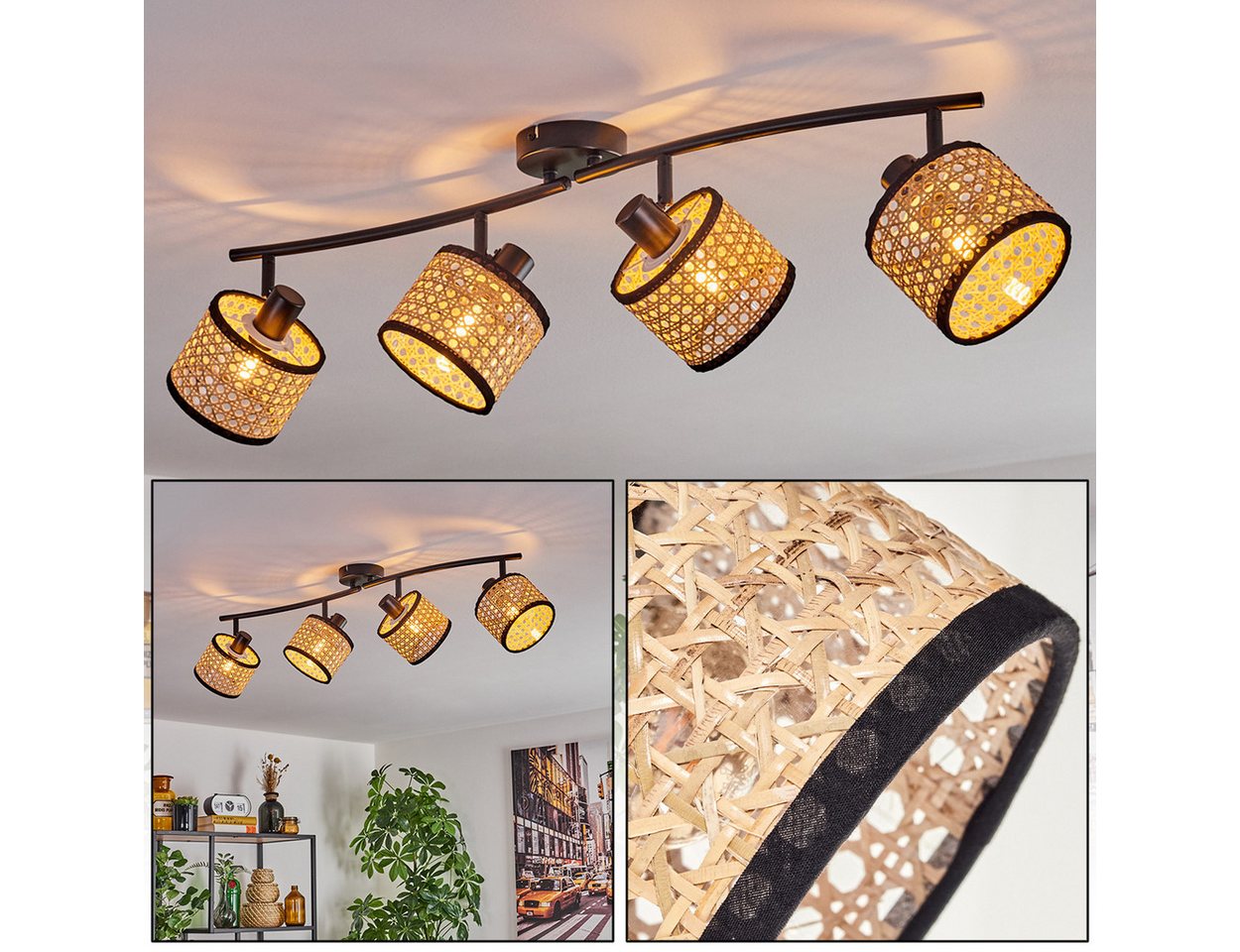 hofstein Deckenleuchte moderne Deckenlampe aus Metall/Rattan/Stoff in Schwarz/Natur, ohne Leuchtmittel, Leuchte mit verstellbaren Strahlern, 4 x E14, ohne Leuchtmittel von hofstein