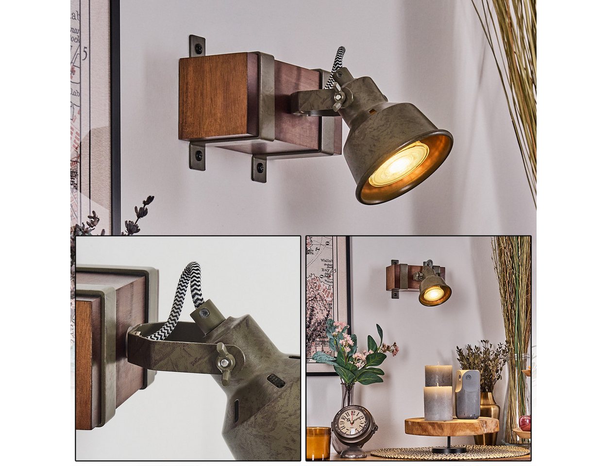 hofstein Wandleuchte Wandlampe aus Metall/Holz in Grün/Grau/Dunkelbraun, ohne Leuchtmittel, Leuchte mit verstellbaren Strahlern 1 x GU10, ohne Leuchtmittel von hofstein