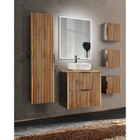 Badezimmer Komplett Set Waschtisch 60 cm, 3 Hängeschränke, Hochschrank XANTEN-56 in anthrazit mit Eiche Nb. Rillen schwarz, B/H/T: 160/200/46,5 cm