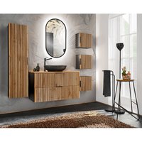 Badezimmer Komplett Set mit Hochschrank, 3x Hängeschrank, Waschtisch, Aufsatzwaschbecken, LED Spiegel XANTEN-56 in anthrazit mit Eiche Nb. schwarz gerillt, B/H/T: ca. 200/200/46,5 cm