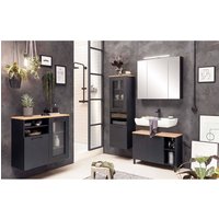 Badezimmer Set 4-teilig mit Spiegelschrank schwarz matt mit Eiche MASON-80, inkl. Waschbeckenunterschrank, Hängeschrank, Hochschrank