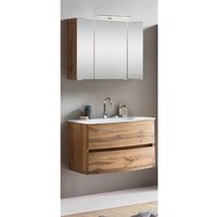 Badezimmer Waschtisch Set in Wotaneiche Nb. LAURIA-03 mit Spiegelschrank 80 cm inkl. Beleuchtung, BxHxT: ca. 80x200x49 cm