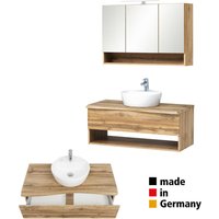 Badezimmer Waschtisch Set mit LED Beleuchtung KAHLA-03 in Wotan Eiche Nb. Abdeckplatte in Baumkantenoptik, B/H/T: ca. 101/200/52 cm