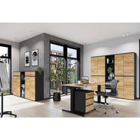 Büromöbel Komplett Set mit höhenverstellbarem Schreibtisch 180 cm LUGANO-01 in Graphit mit Navarra Eiche Nb.