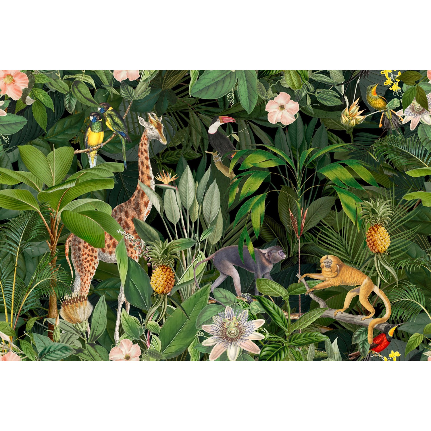 Fototapete Dschungel Tiere Blumen Grün 4,00 m x 2,70 m FSC® von -