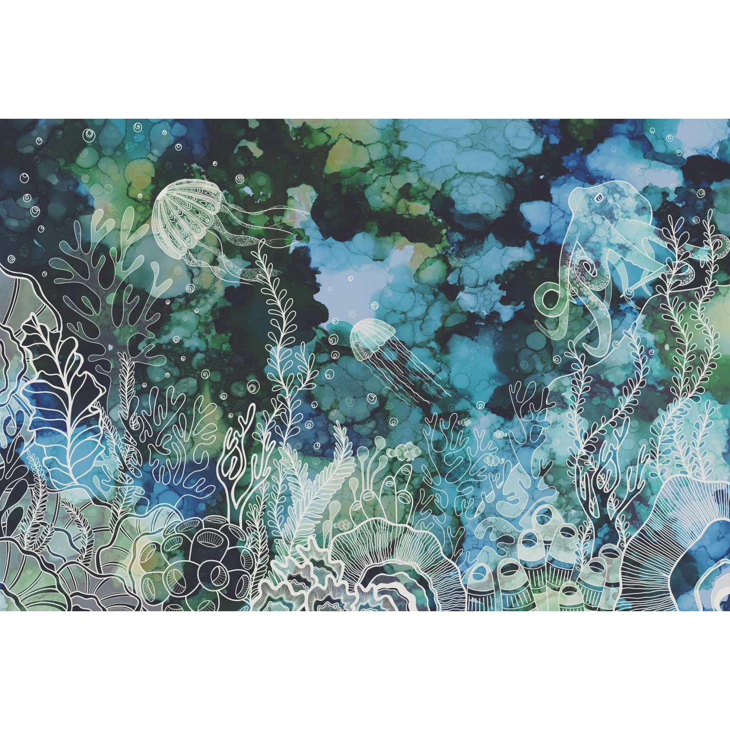 Fototapete Unterwasser Quallen Pflanzen Grün Blau Weiß 4,00 m x 2,70 FSC® von -