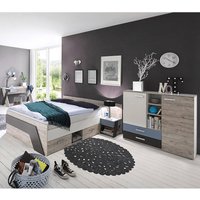 Jugendzimmer mit Bett 140x200 cm und Schreibtisch 4-teilig LEEDS-10 in Sandeiche Nb. mit weiß, Lava und Denim Blau