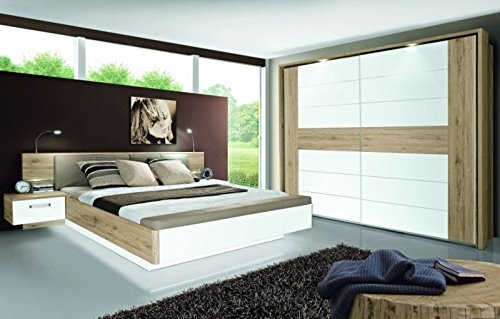 Forte RONDINO Bett + 2 Nachtkommoden mit 2 Türen und 2 Schubladen, Holzwerkstoff, Sandeiche/weiß Hochglanz, B x H x T: 285,3 x 87,7 x 237 cm von Forte Möbel